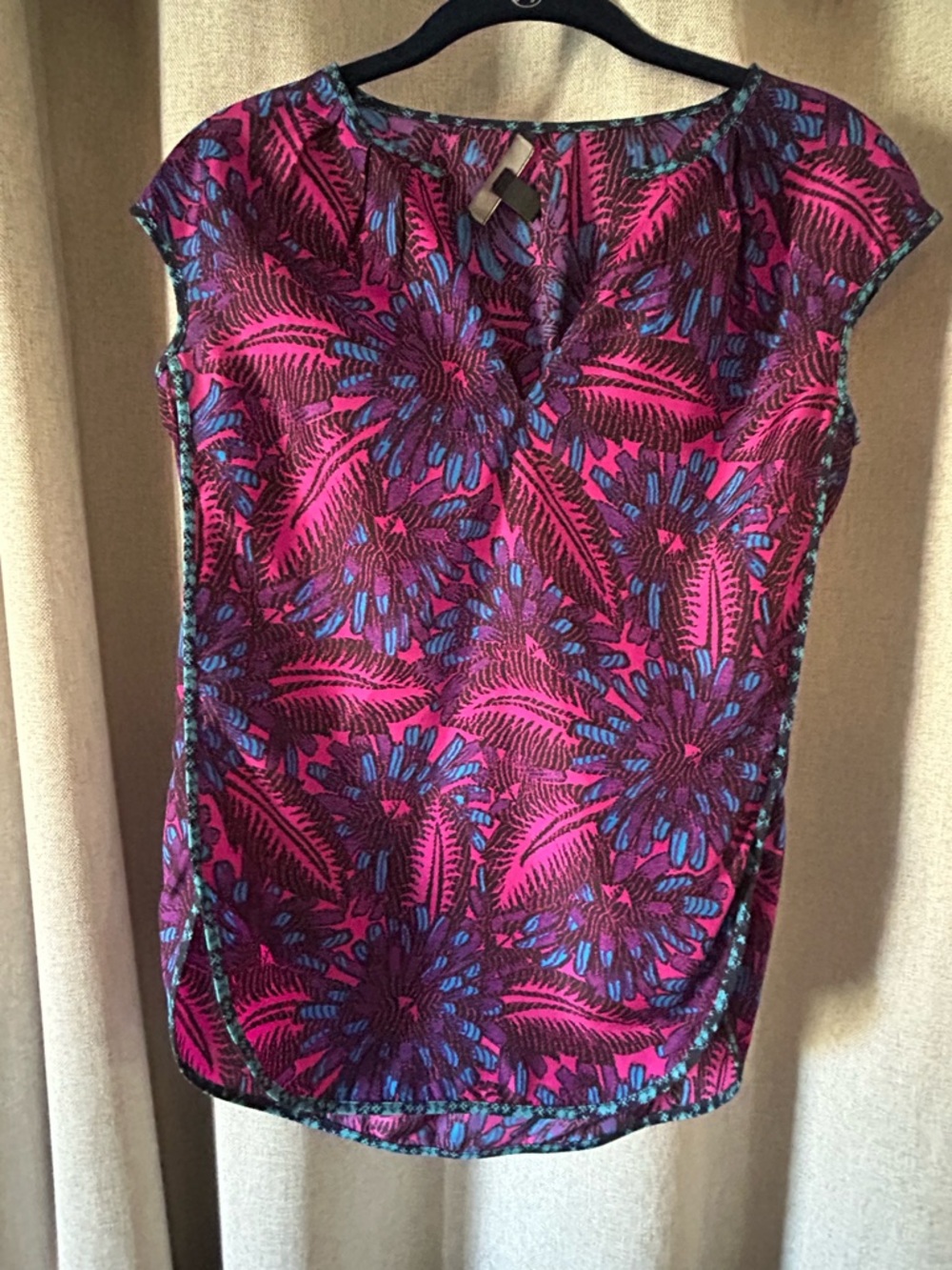 J. Crew Fuchsia and Blue Floral Cap-Sleeve Blouse